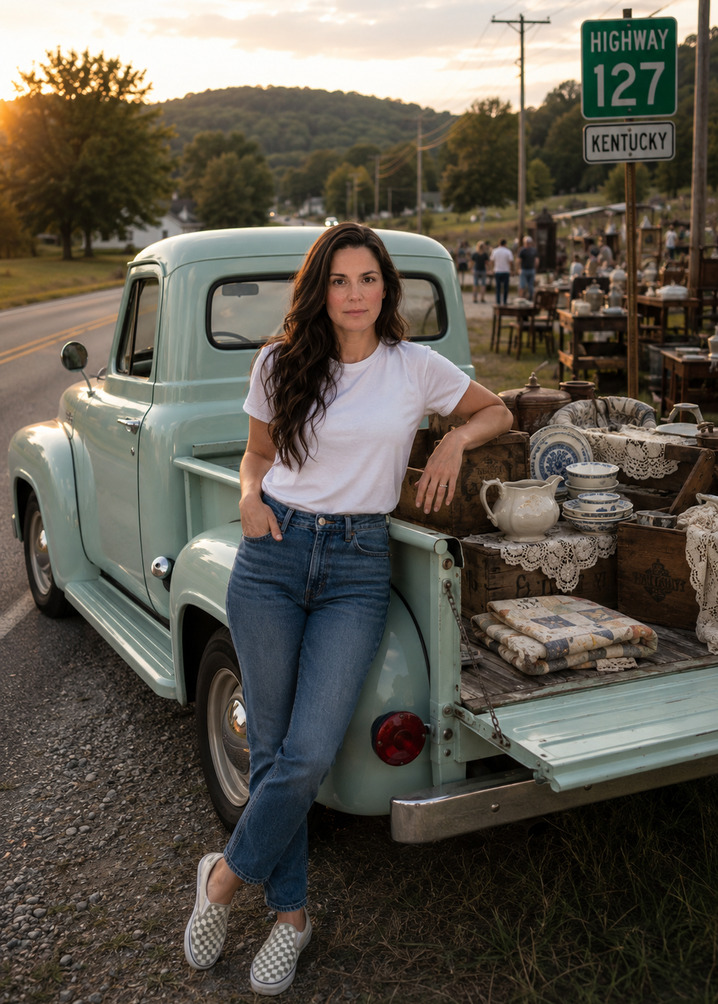 Modern Roots N Rust vintage and antique live shopping, stoneware crocks, yellowware bowls, and farmhouse finds at a roadside stop along Highway 127